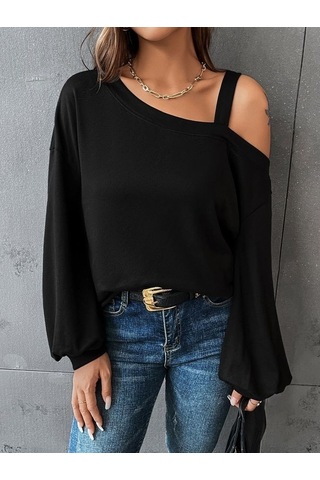 Kadın Uzun Kollu Tek Omuz Askı Detay Salaş Viskon Iki Iplik Bluz Bediva 001