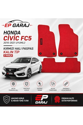Honda Civic Fc5 2016-2021 Uyumlu Kırmızı Halı Paspas Takımı 3 Parça Kalın Tip
