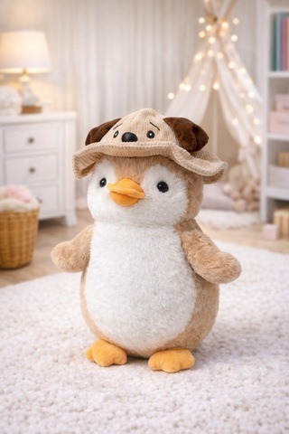 Şapkalı Penguen Peluş Pembe 35 Cm Kahverengi