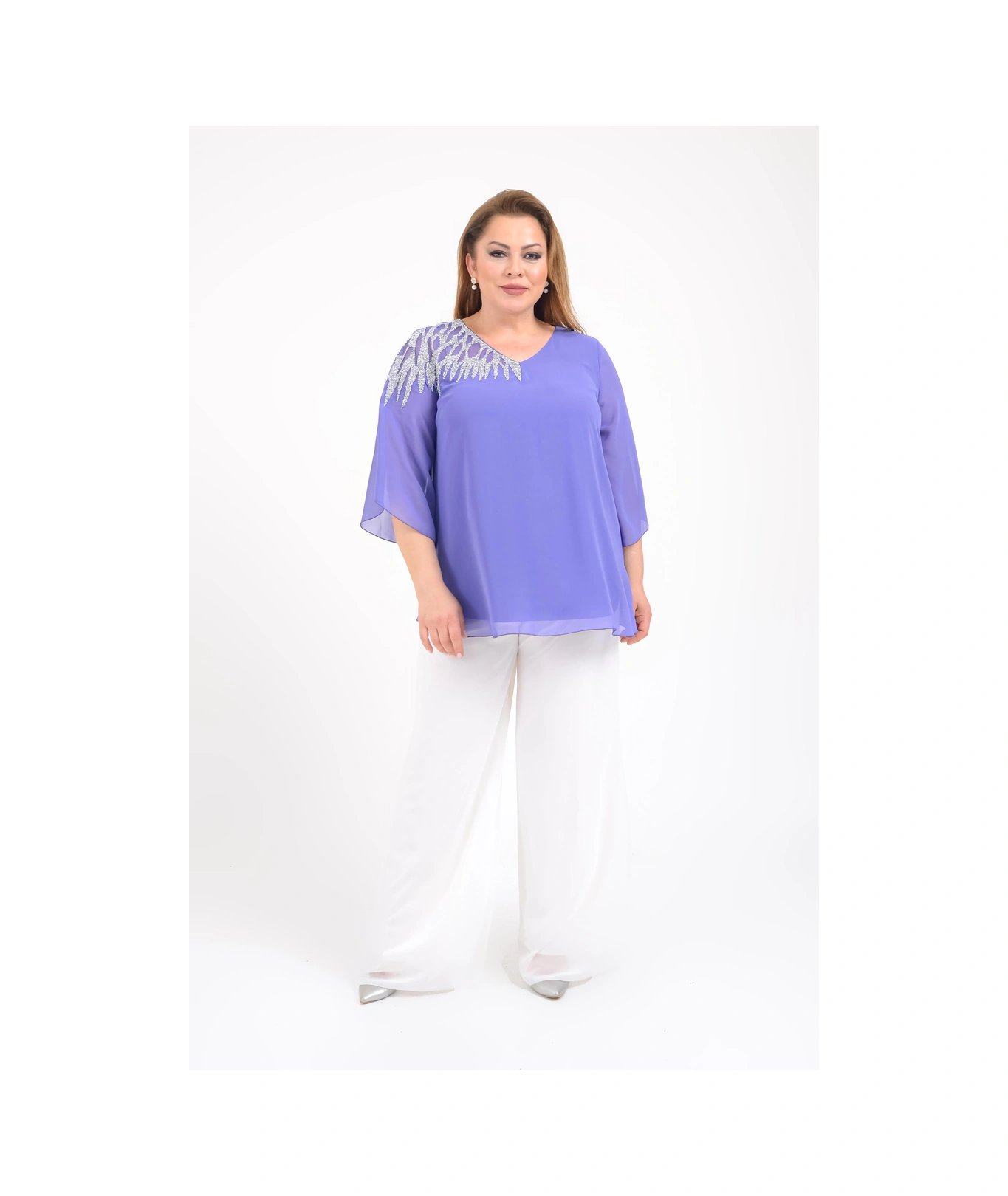 Lilas Xxl Büyük Beden Lila Renkli Şifon V Yaka Abiye Bluz Lila Desen