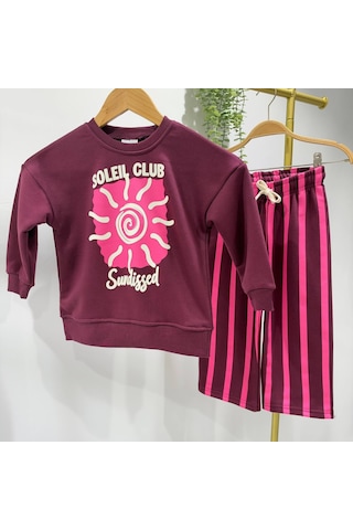 Soleil Club Baskılı Mürdüm Sweatshirt Çizgili Kız Çocuk Alt Üst Takım Süper Kalite 3ip Pembe