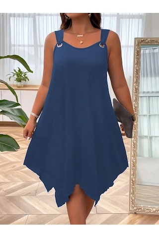 Kadın Askılı Yuvarlak Yaka Kuş Gözü Detaylı Asimetrik Viskon Elbi Lacivert