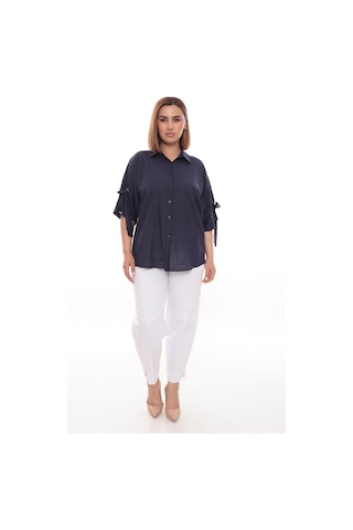 Lady Majestic Cotton Büyük Beden Kadın Pamuklu Gömlek Rahat Kesim, Düğmeli, Volan Kol Detaylı Lacivert
