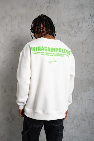 Erkek Oversize Sweatshirt Beyaz Renk Ön Ve Sırt Baskılı, Üç İplik İçi Pamuklu Kumaş, Rahat Kalıp, Ribanalı Kışlık Sweat Winagain Polizei Serisi - Beyaz Beyaz