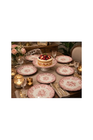 Porser Velour Maroon Fulya Ayaklı Sunum Seti 8 Parça Porselen Pasta Sunum Seti Pembe