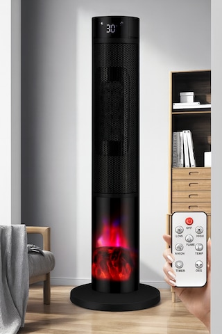 Şömineli Seramik Kule Tipi Dikey Isıtıcı Uzaktan Kumandalı