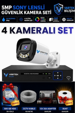 4 Kameralı 5mp Sony Lensli Gece Renkli Güvenlik Kamerası Seti,500 Gb Hdd