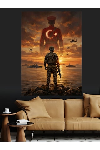 Türk Bayrağı Önünde Nöbetçi Mehmetçik Dekoratif Kanvas - Mdf Ahşap Tablo
