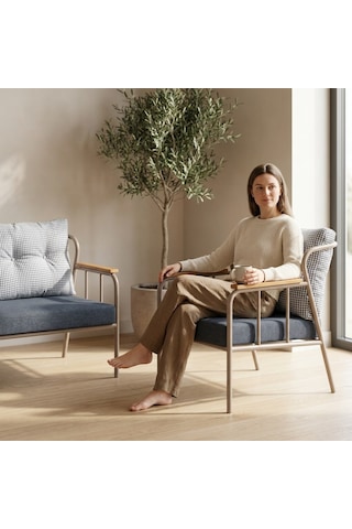 Paris 2+1+1 Metal Balkon Takımı Keten Dokulu Kumaş Cappuccino Metal - Bahçe Teras Oturma Grubu