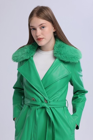 Selectmoda Kadın Peluş Yaka Deri Görünümlü Uzun Kaban Yeşil