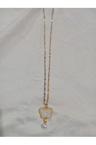 Kelebek Kolye İnci Boncuk Uçlu Beyaz