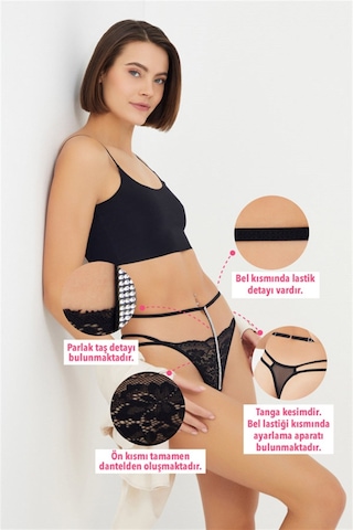 Siyah Dantelli Taş Detaylı Ayarlanabilir Lastikli Kadın Tanga Külot Siyah