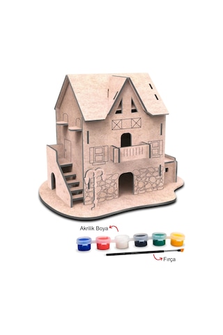 Ahşap Taş Ev Maket Boyama Seti, 6'lı Boya Ve Fırça Dahil