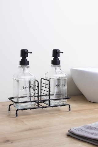 Okyanus Home Siyah Pompalı Ve Standlı İkili Kare Cam Sıvı Sabunluk 500ml