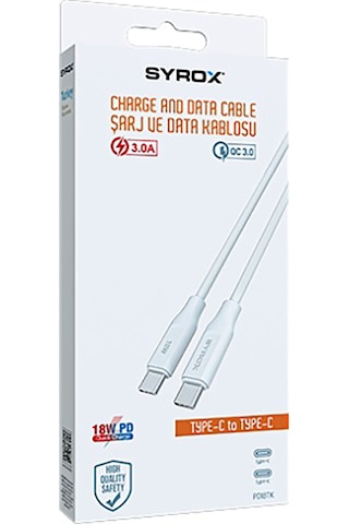 Syrox Pd18tk 3.0a 18w Pd 1mt Type-c - Type-c Şarj & Data Kablosu - Beyaz