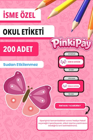 İsim Yazılabilir Güzel Kelebekler Temalı Okul Etiketi Kalem & Defter İçin 200 Adet Çoklu