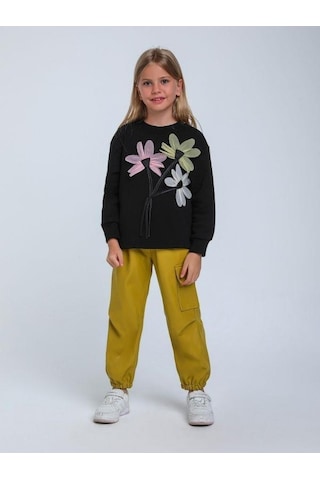 Kız Çocuk Çiçek İşlemeli Tasarım Sweatshirt-14341 Siyah