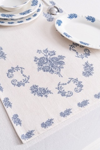 Flowers Blue Keten Runner-7526 Çok Rekli