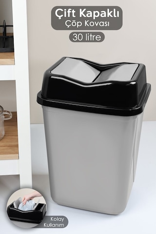Çift Kapaklı Plastik Çöp Kovası - Ev Ofis Banyo Mutfak Çöp Kovası Gri 30 Litre Gri