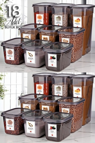 KitchenLife 18'li Etiketli Moly Dikdörtgen Erzak Saklama Kabı Seti X6 1300ml-2000ml-3200ml Geniş - Sert Kapaklı Çok Renkli
