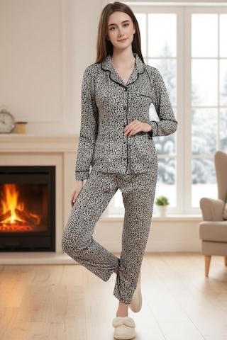 Remsa Kadın Leopar Desenli Önü Düğmeli Yumuşak Milan Kumaş Pijama Takımı 250347-5 Mint Mint