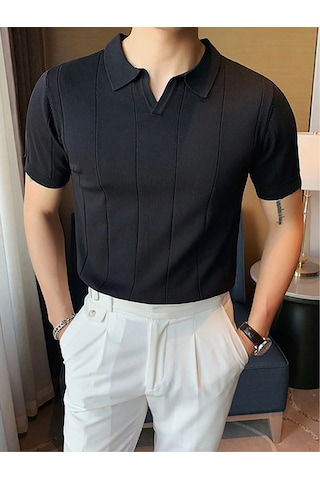 Erkek Çizgili Kısa Kollu Triko T-shirt Siyah
