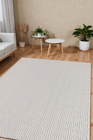 Modern Desenli Yumuşak Dokulu Kaymaz Taban Salon Oturma Odası Halısı Krem Krem