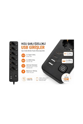 6'li Ayrı Anahtarlı Akım Korumalı Priz, 3680w 16a Çoklu Priz, 2 Usb-a + 2 Type-c, 2 Metre Kablolu, Topraklı, Ev Of Standart