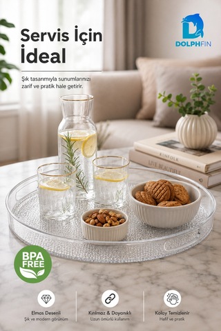 Diamond Kırılmaz Yuvarlak Servis Tepsisi 39 Cm Kulplu Kaymaz Şeffaf Bpa İçermez