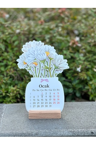 2026 Ahşap Ayaklı Çiçekli Mini Özel Tasarım, Masaüstü Takvim, Papatyalı Çiçek Buketi - Yeni Yıl