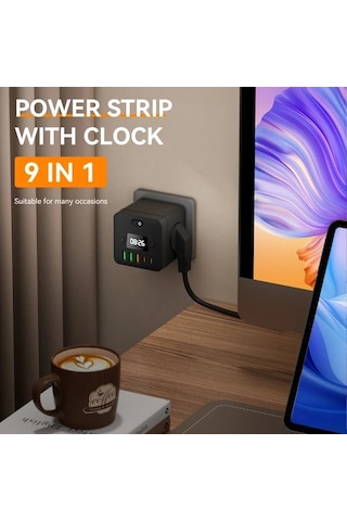 Motion003 9'lu Çoklu Fişli Saat Priz Adaptörü Siyah 3 Usb Portu Aşırı Yük Koruması Ev