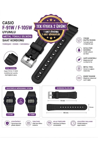 Casio F-91w F-105w Uyumlu Metal Tokalı Silikon Saat Kordonu Siyah