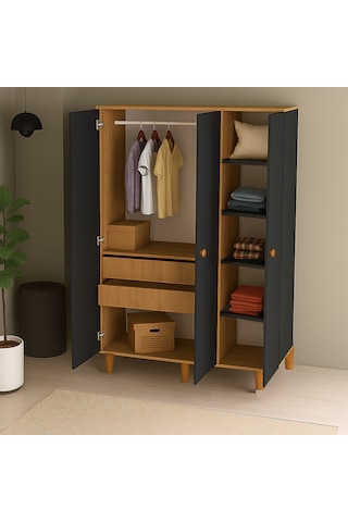 3 Kapılı, 2 Çekmeceli Gardırop, Elbise Dolabı, Çocuk Odası Dolabı Antrasit - Safirmeşe