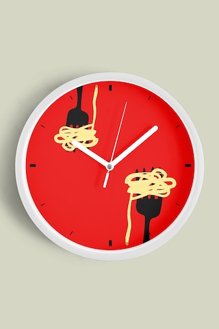 Spagetti Makarna Tasarım Mutfak Duvar Saati - 42cm - Önü Camlı Beyaz Kasa - Sessiz Mekanizma Beyaz