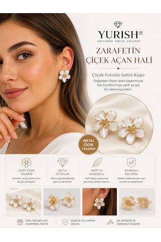 Kadın Sedefli Çiçek Figürlü Mineli Model 2'li Küpe Ekru
