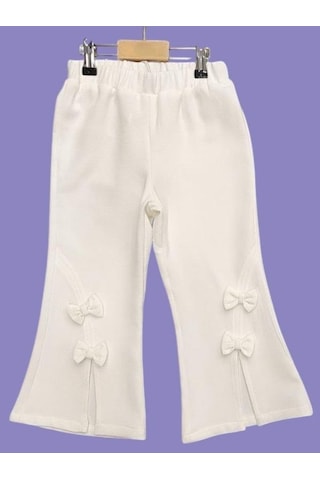 Çikoby Kız Çocuk Fiyonklu İspanyol Paça Pantolon-15686 Ekru