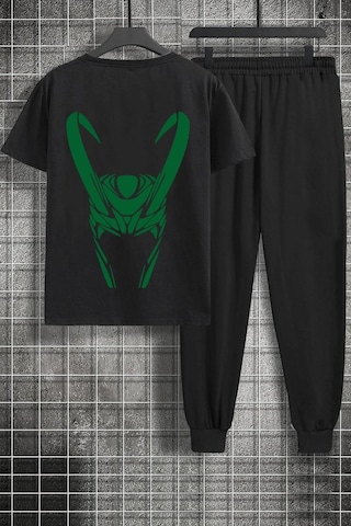 Uyguntarz Unisex Floki Baskılı 2'li Eşofman Takımı Siyah