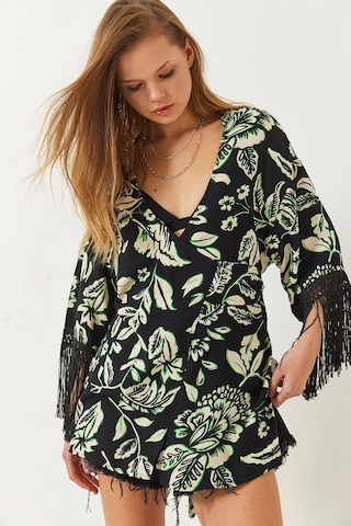 Shade Kadın Püskül Detaylı Bağlamalı Desenli Kısa Viskon Kimono 60261497 - Siyah