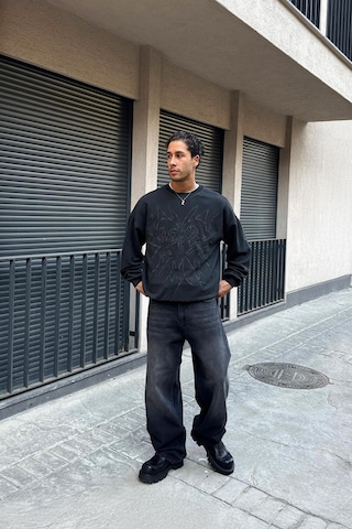 Flaw Eskitme Detay Çizgili Baggy Jean Siyah Siyah
