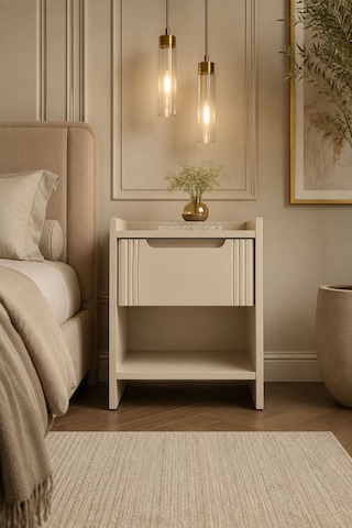 Komodin 1 Çekmeceli Açık Raflı Lake Boyalı Mdf Kapaklı Modern Yatak Odası Krem