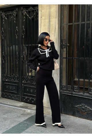 Meecy Gömlek Yaka Fiyonk Detaylı Alt Üst Triko Black Black