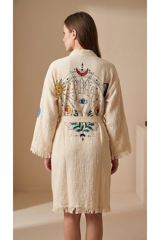 Varol Organik %100 Pamuk Kimono Yaka Sabahlık Bornoz - Solyra Krem
