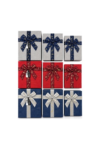 3pcs Kare Çizgili Mix Renkli Karton Hediye Kutusu Kurdelalı 19-17-15cm Çok Renkli