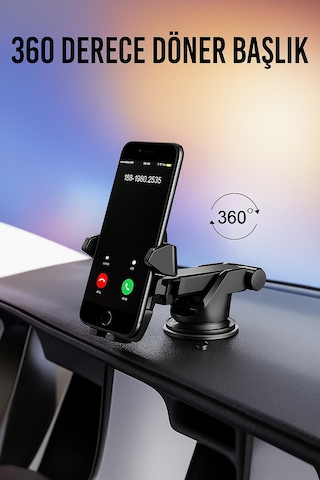 Vantuzlu Uzayan Araç Telefon Tutucu - Teleskopik Kol, 360 Döner