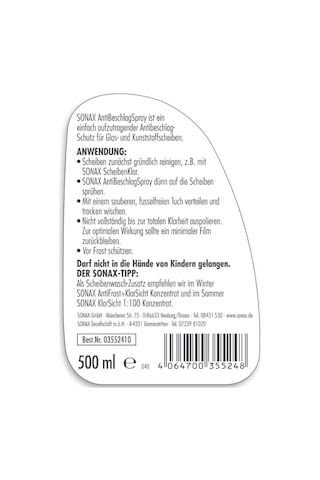 Sonax 500 Ml Buğu Önleyici Sprey