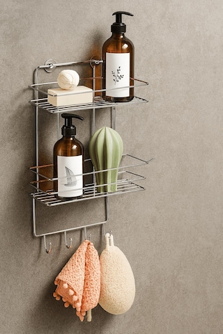 Sas Haus 2 Katlı Krom Kancalı Banyo Duş Rafı, Şampuanlık, Lif/kese Askılı, Paslanmaz Metal, Banyo Düzenleyici - Tş-02 Krom