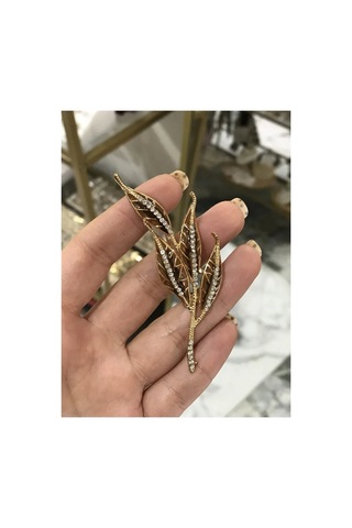 Yaprak Model Kahverengi Taş Detaylı Broş Siyah