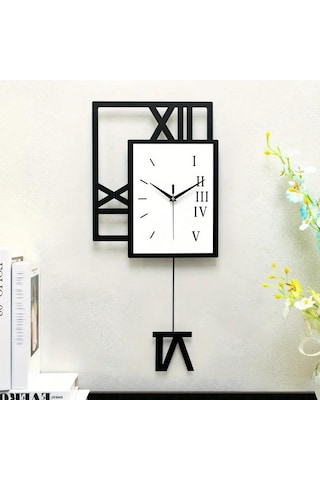 Cajuart Kare Tasarım Geometrik Roma Rakamlı Sallanan Sarkaçlı Duvar Saati Sessiz Siyah - Beyaz
