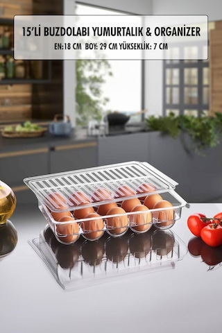 15 Li Buzdolabı Kapaklı Yumurtalık & Buzdolabı Organizeri Şeffaf