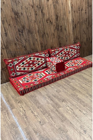 Turkıshrug Kıngdom Yörük - Kilim Şark Köşesi, Yer Minderi Takımı 28 Dansit Sert Süngerli 4 Parça Kırmızı